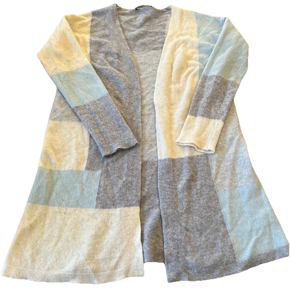 Claudia Nichole Women's Med Cardigan Blue Grey Colorblock 100% Cashmere Longline